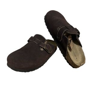 Airwalk Chocolate Brown Suede Leather Clogs with Buckle Detail